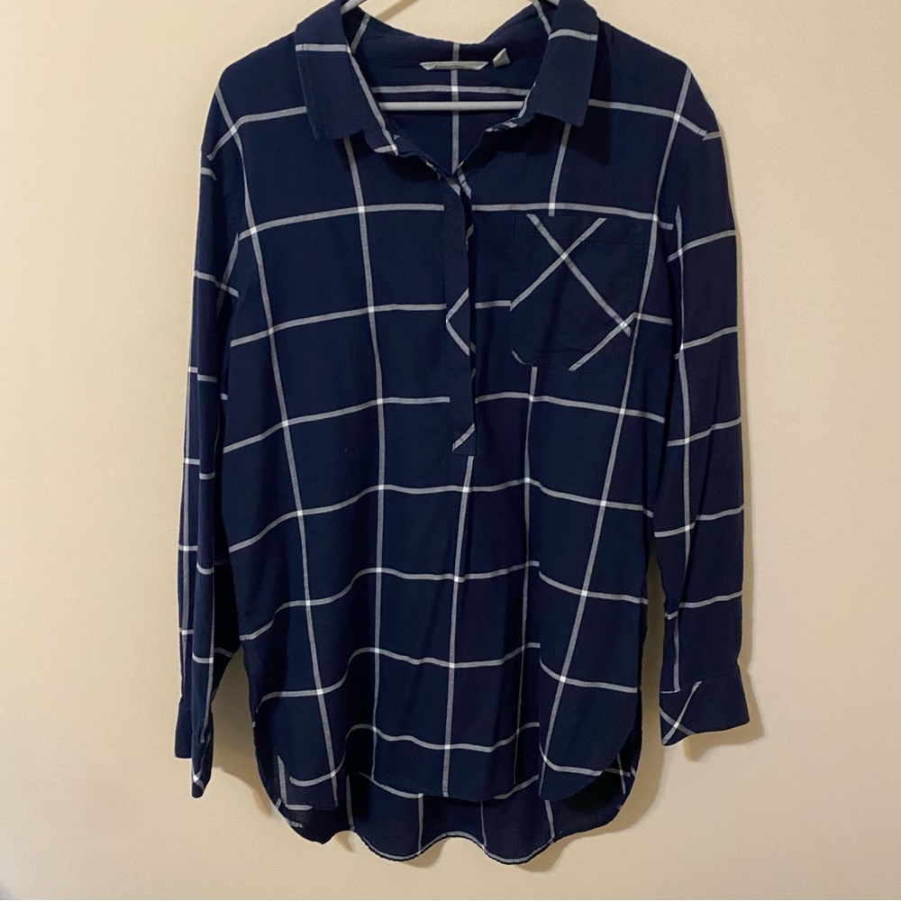 ATHLETA “Presidio” Navy Striped Collared Cotton Half-Button Tunic Top